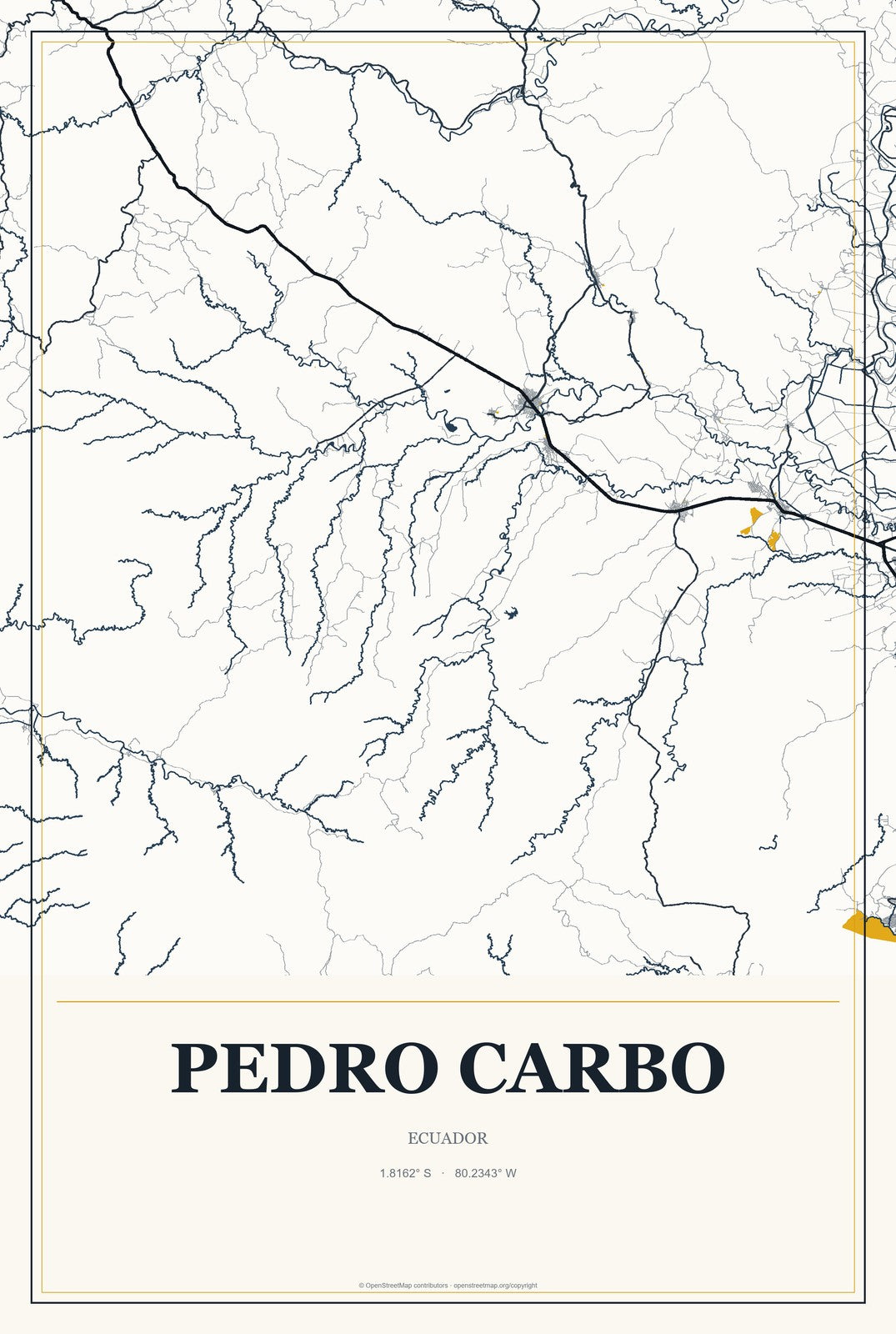 Pedro Carbo, Ecuador City Map Aluminum Sign in Citrine Modern style