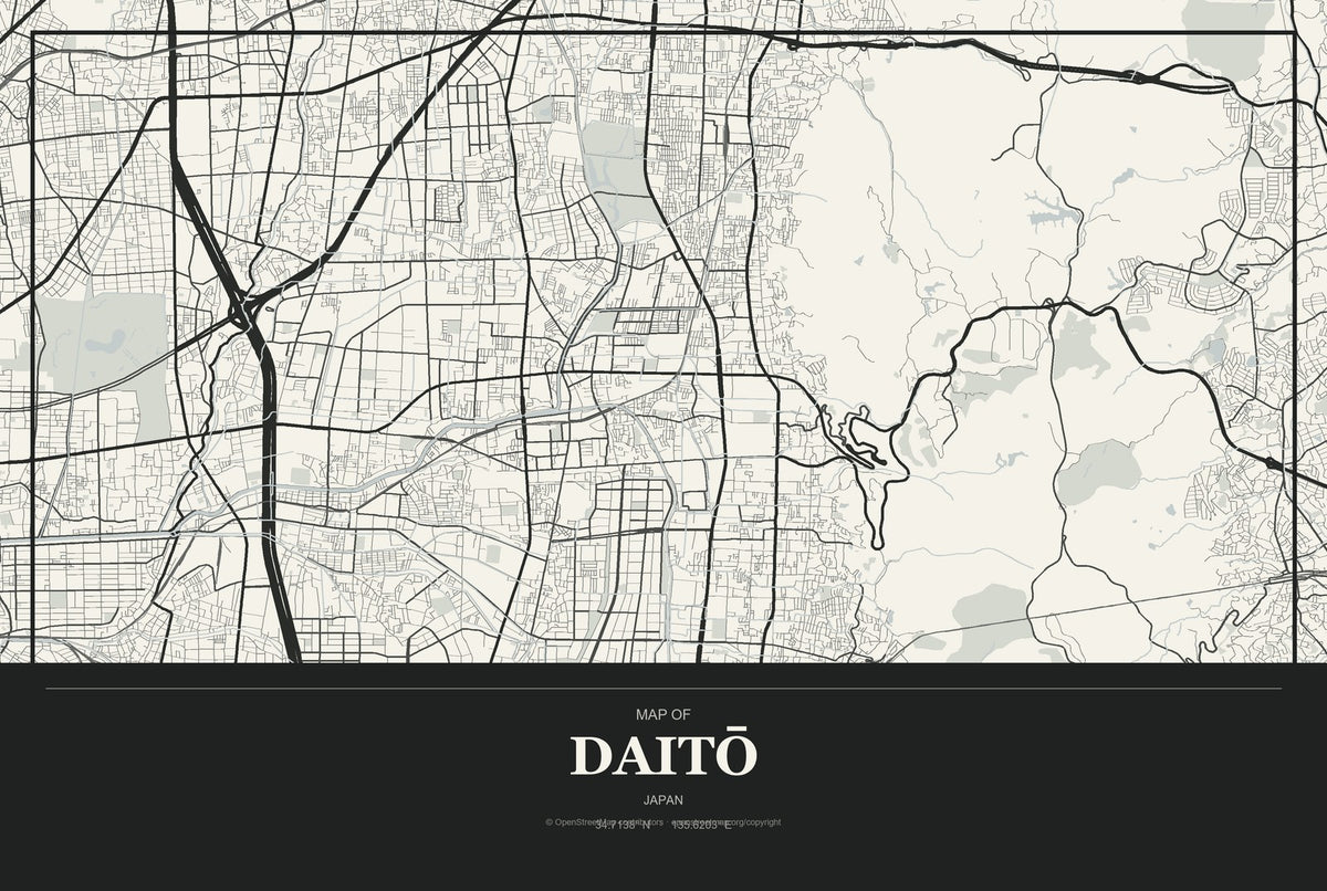 Daitō, Japan City Map Aluminum Sign in Museum Plaque style