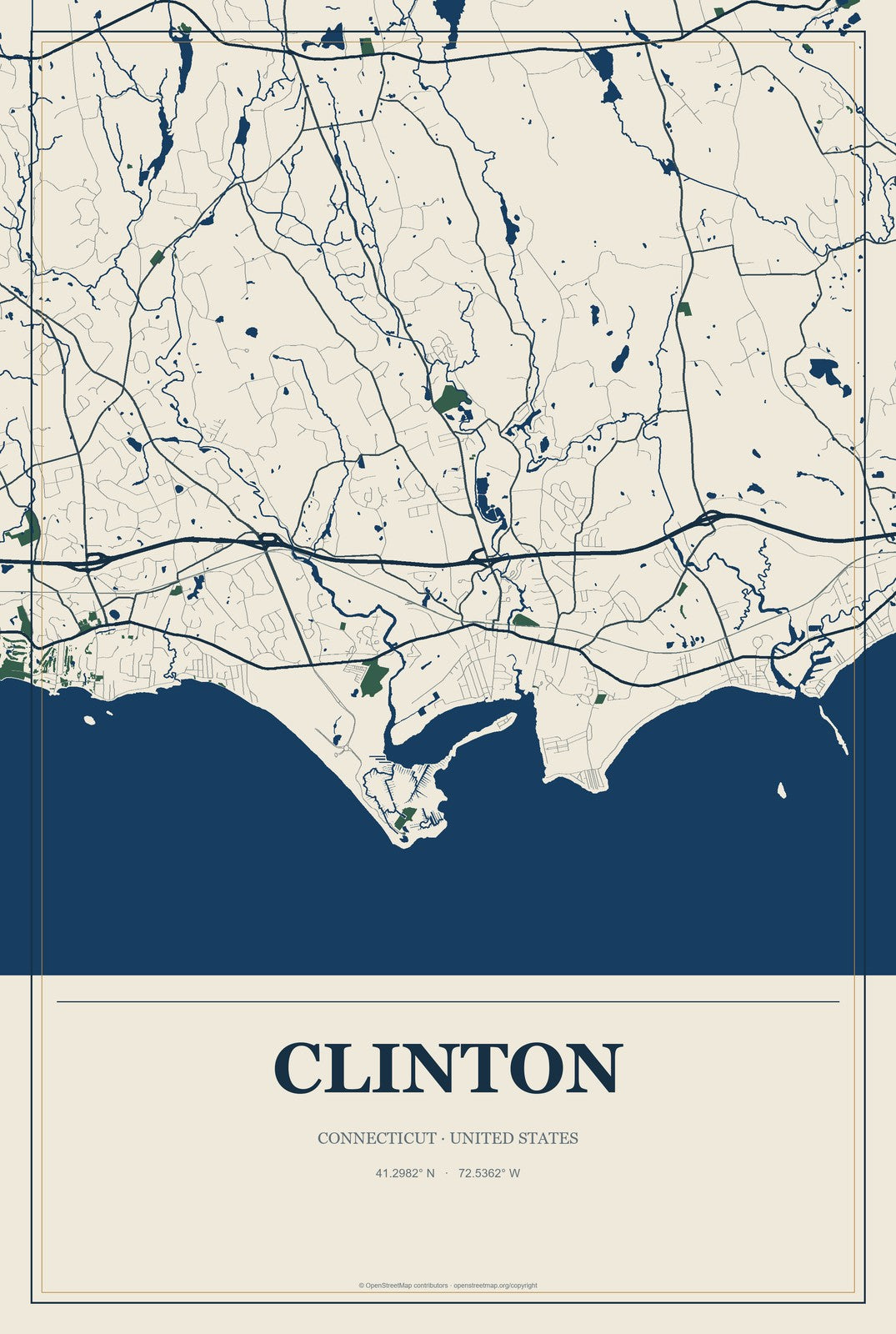 Clinton, Connecticut City Map Aluminum Sign in Coastal Cutout style