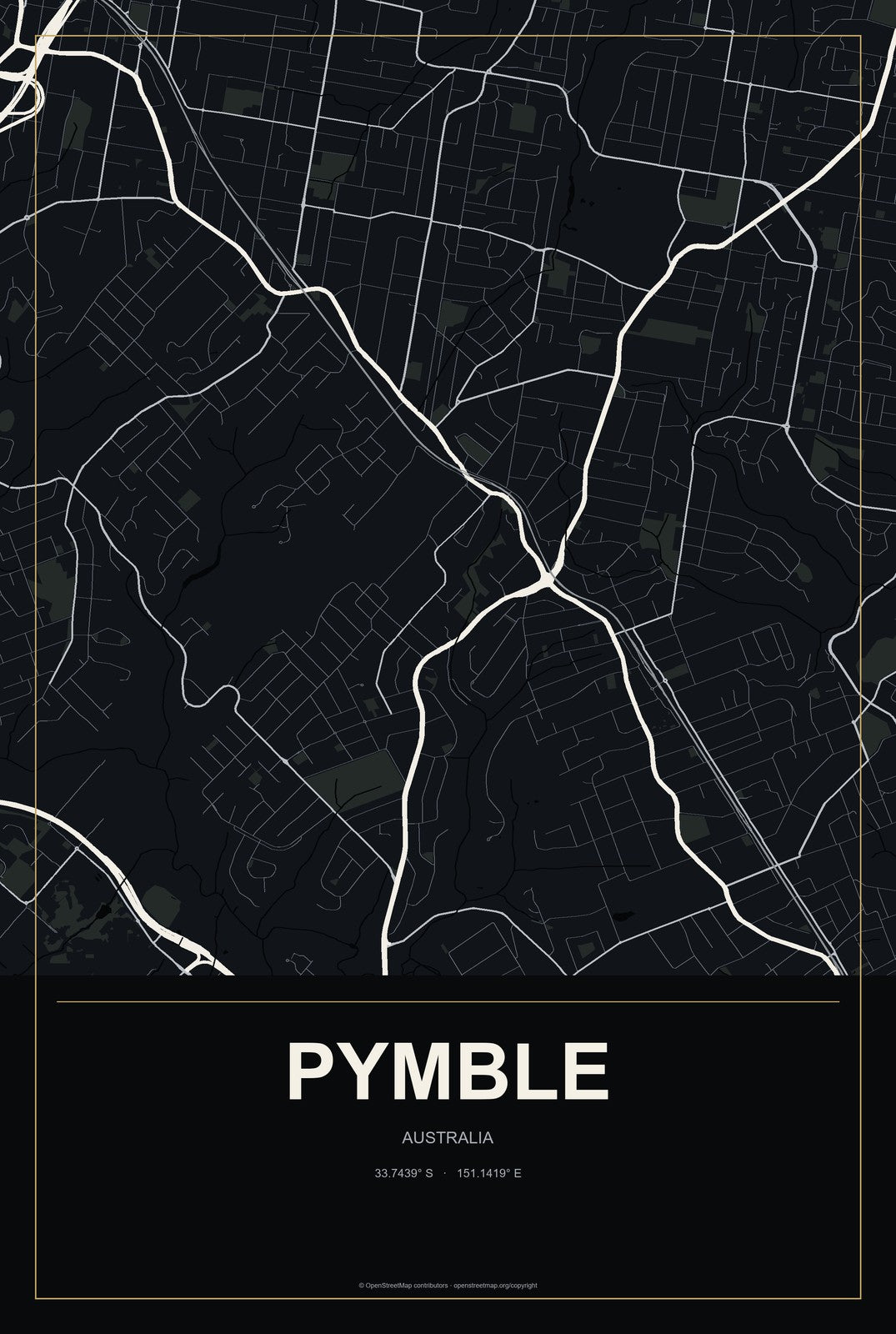 Pymble, Australia City Map Aluminum Sign in Metropolitan Noir style