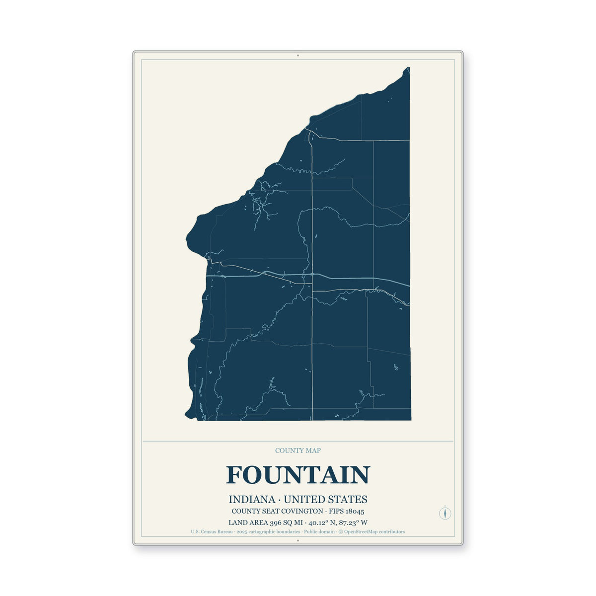 Fountain County, Indiana Map Aluminum Sign in Coastal Cutout style