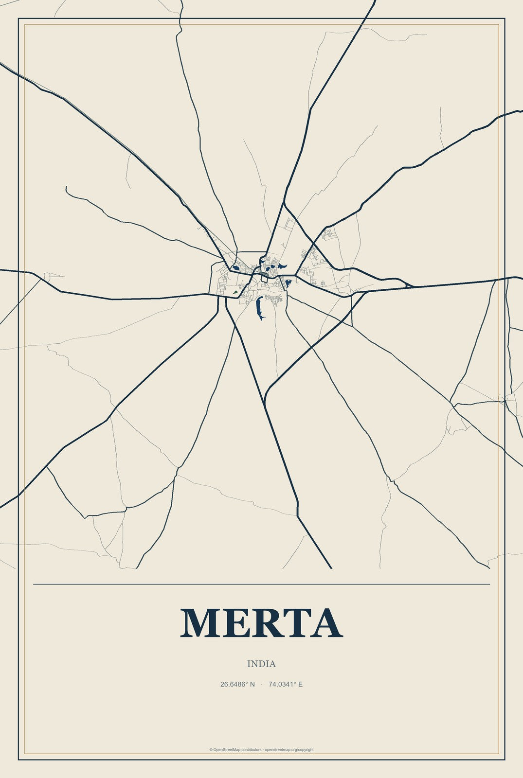 Merta, India City Map Aluminum Sign in Coastal Cutout style