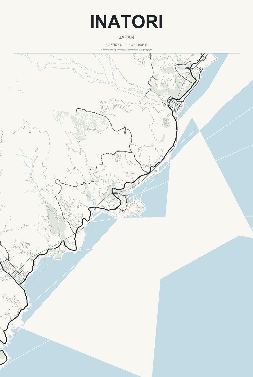 Inatori, Japan City Map Aluminum Sign in Headline Atlas style