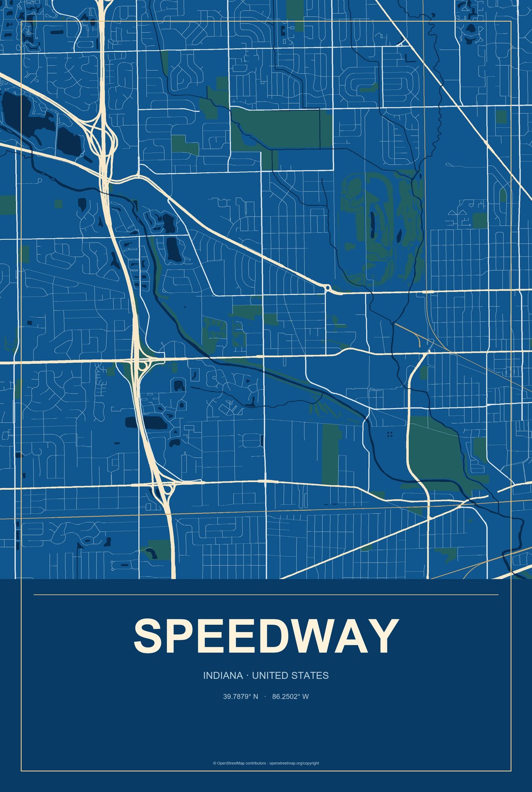Speedway, Indiana City Map Aluminum Sign in Harbor Cobalt style