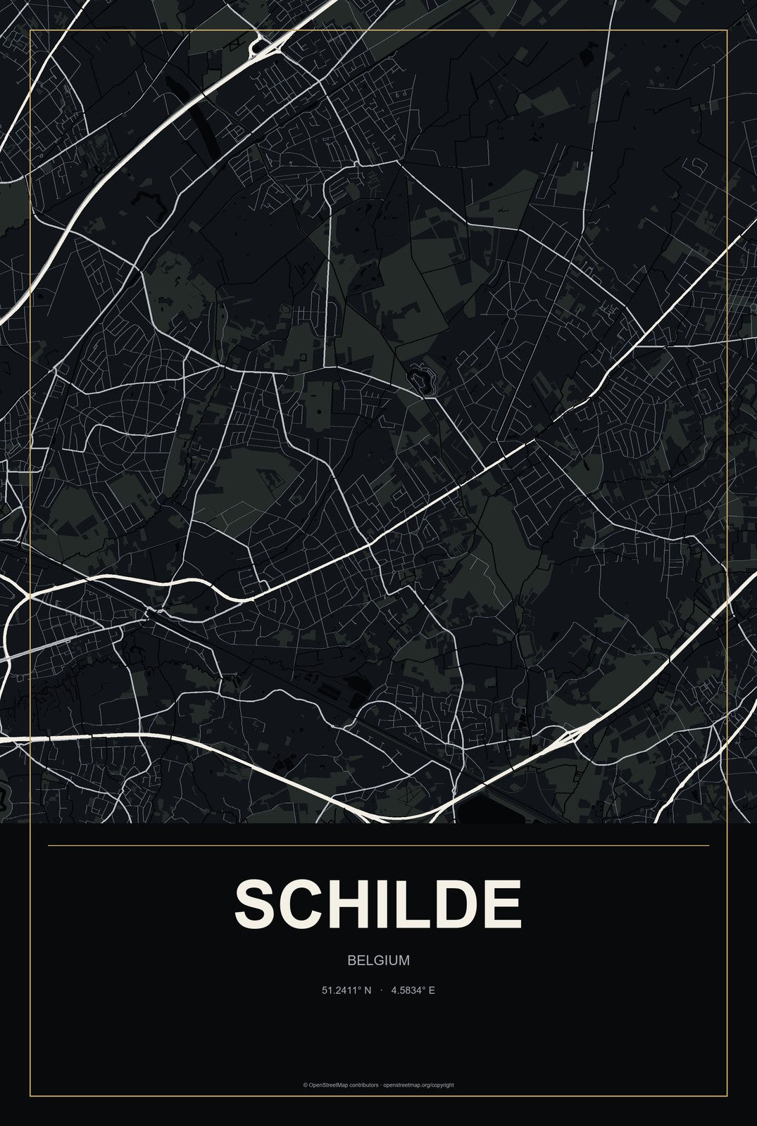 Schilde, Belgium City Map Aluminum Sign in Metropolitan Noir style