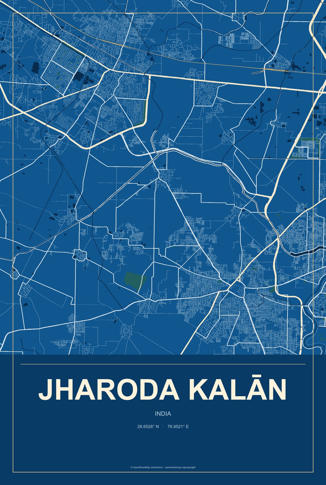 Jharoda Kalān, India City Map Aluminum Sign in Harbor Cobalt style