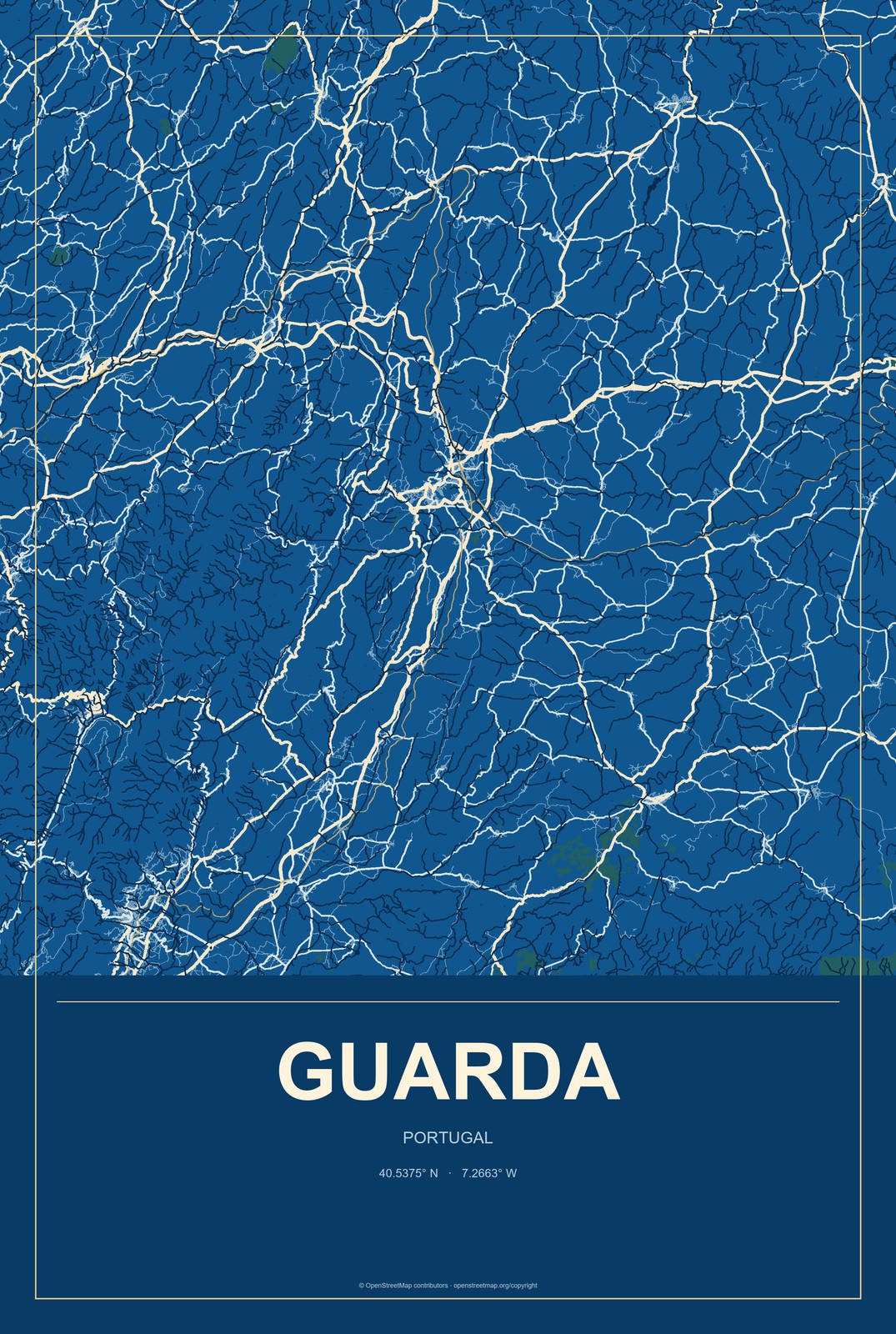 Guarda, Portugal City Map Aluminum Sign in Harbor Cobalt style