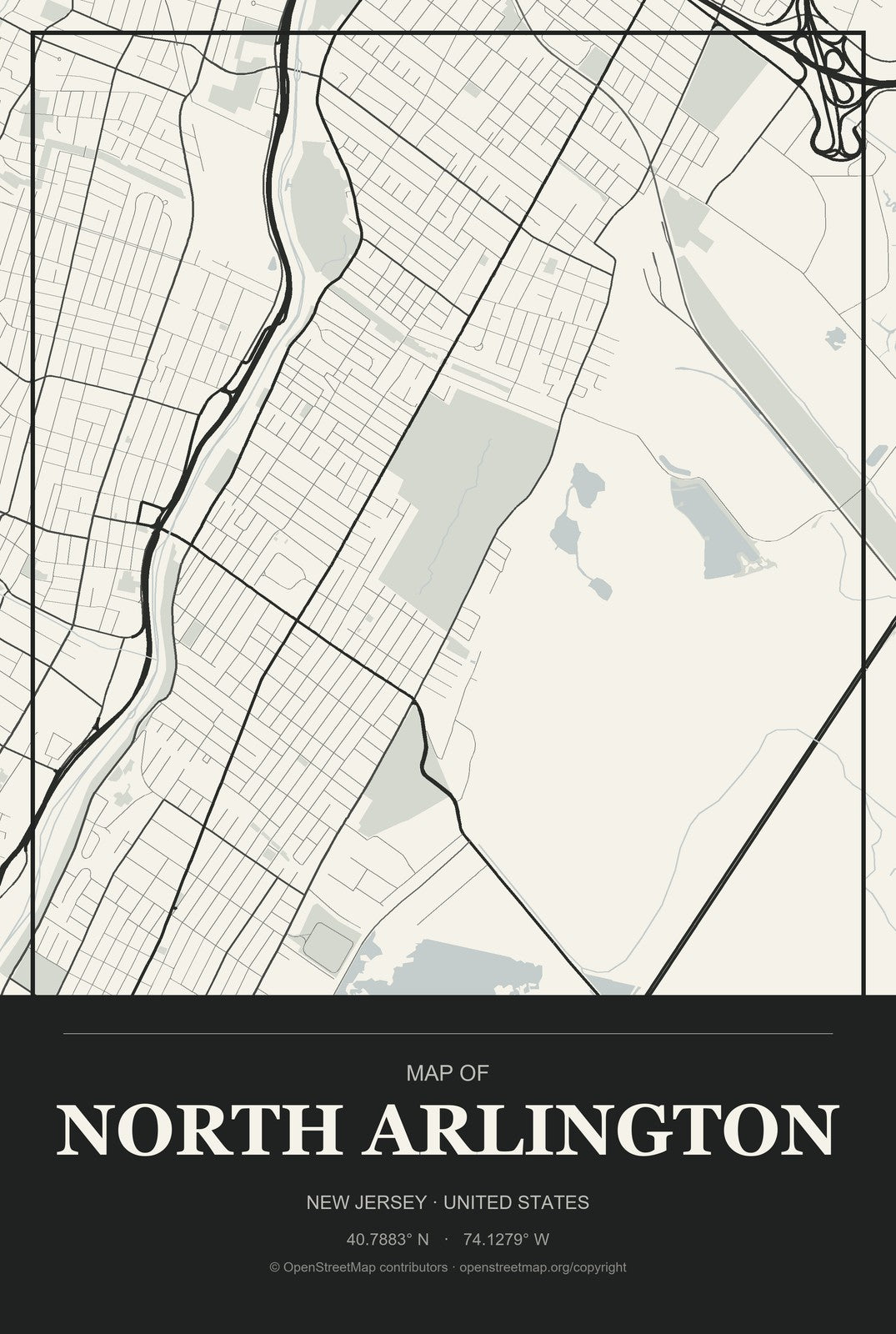 North Arlington, New Jersey City Map Aluminum Sign in Museum Plaque style