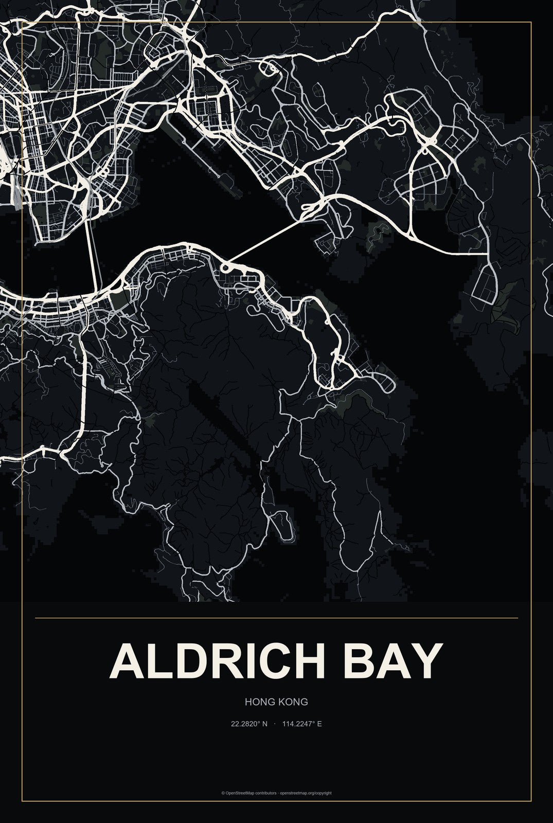 Aldrich Bay, Hong Kong City Map Aluminum Sign in Metropolitan Noir style