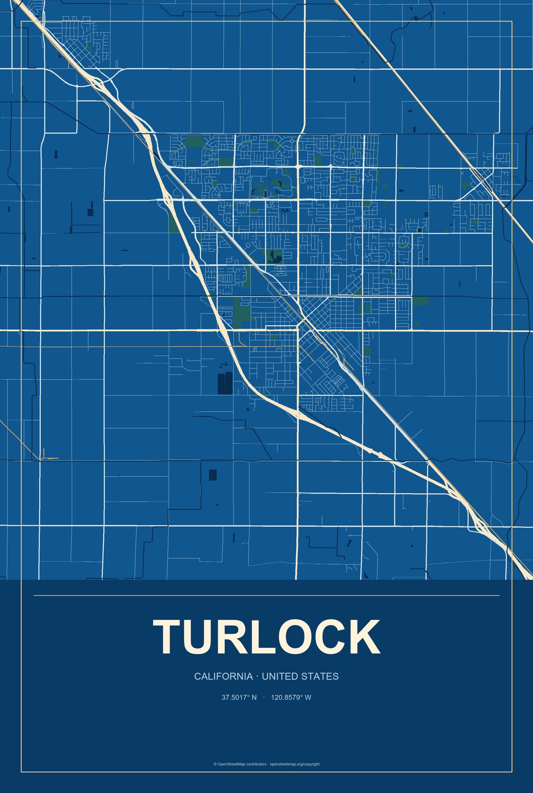 Turlock, California City Map Aluminum Sign in Harbor Cobalt style