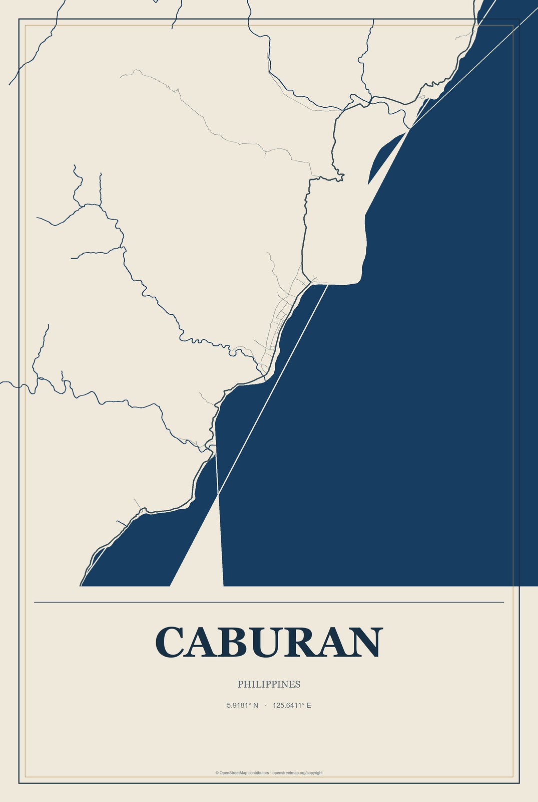 Caburan, Philippines City Map Aluminum Sign in Coastal Cutout style