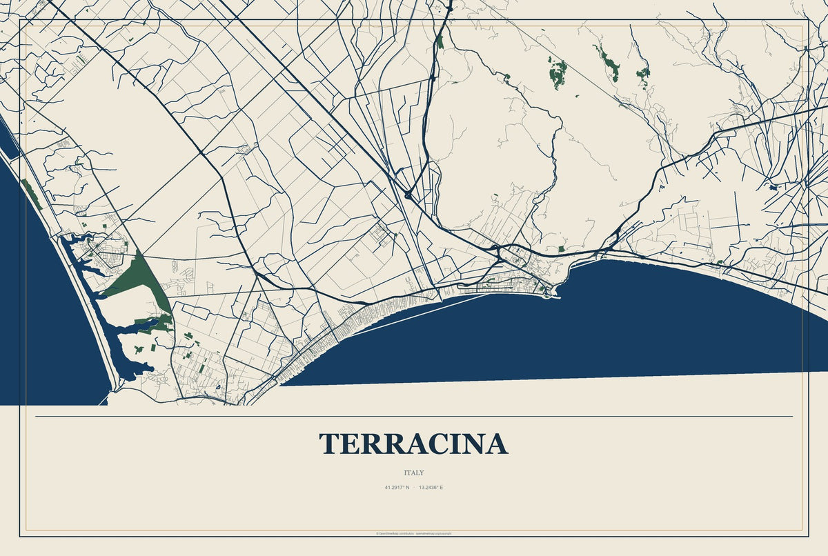 Terracina, Italy City Map Aluminum Sign in Coastal Cutout style