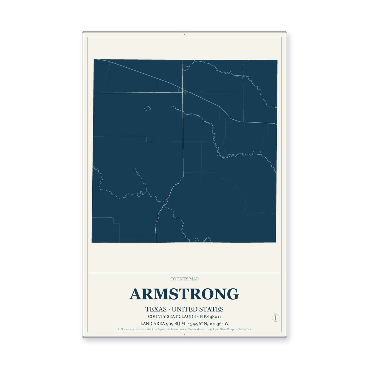 Armstrong County, Texas Map Aluminum Sign in Coastal Cutout style