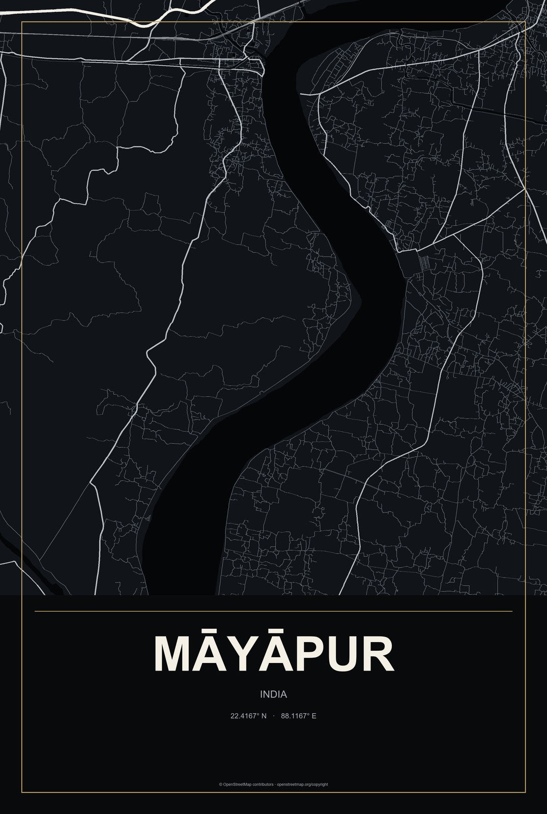 Māyāpur, India City Map Aluminum Sign in Metropolitan Noir style