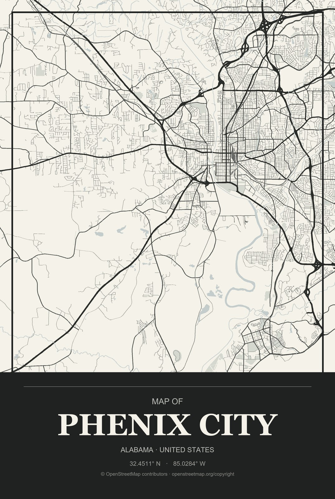 Phenix City, Alabama City Map Aluminum Sign in Museum Plaque style