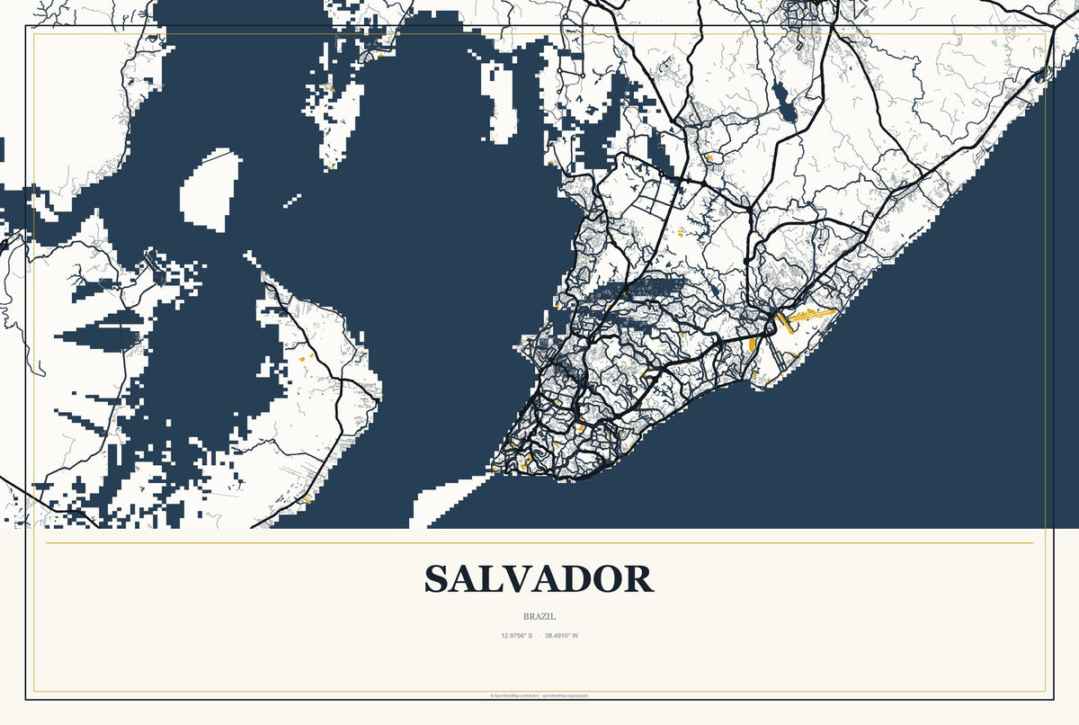 Salvador, Brazil City Map Aluminum Sign in Citrine Modern style