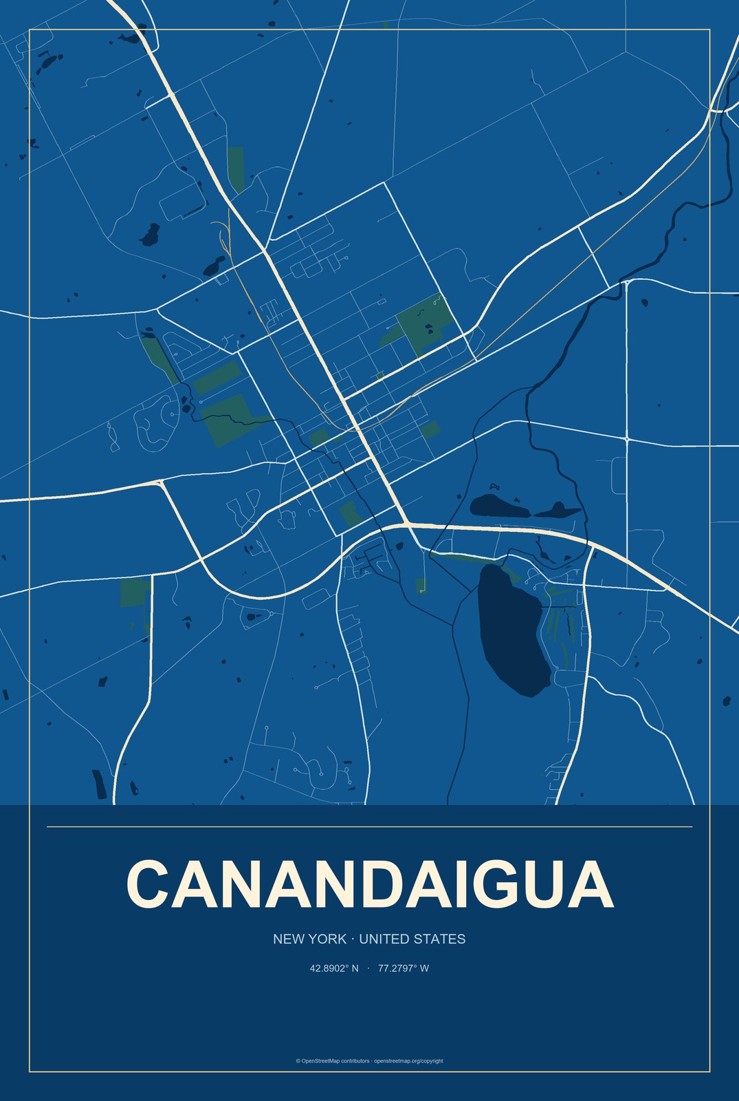 Canandaigua, New York City Map Aluminum Sign in Harbor Cobalt style
