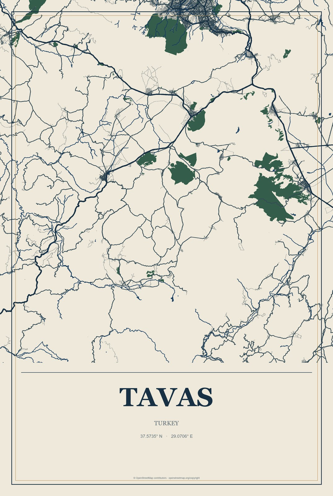 Tavas, Turkey City Map Aluminum Sign in Coastal Cutout style