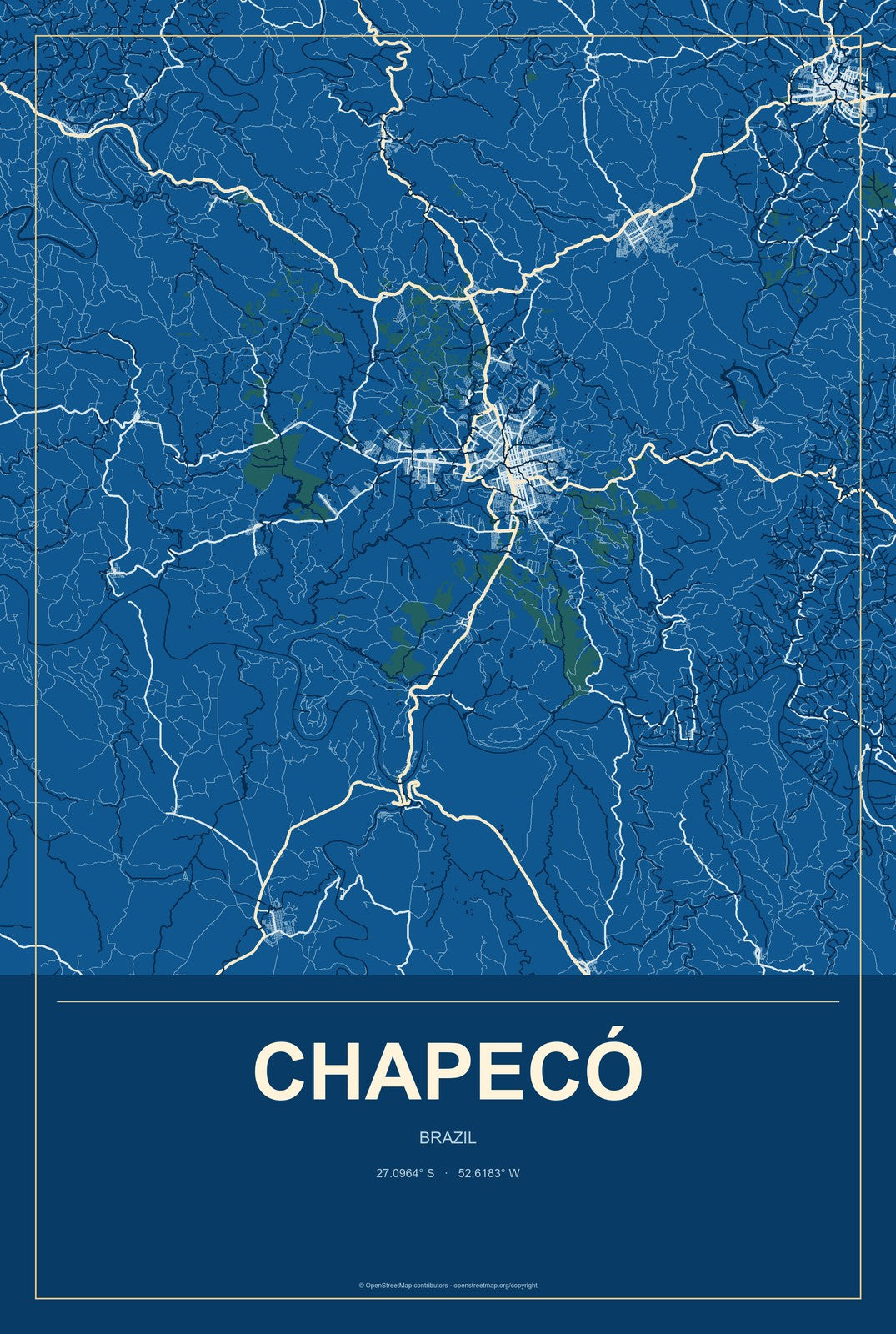 Chapecó, Brazil City Map Aluminum Sign in Harbor Cobalt style