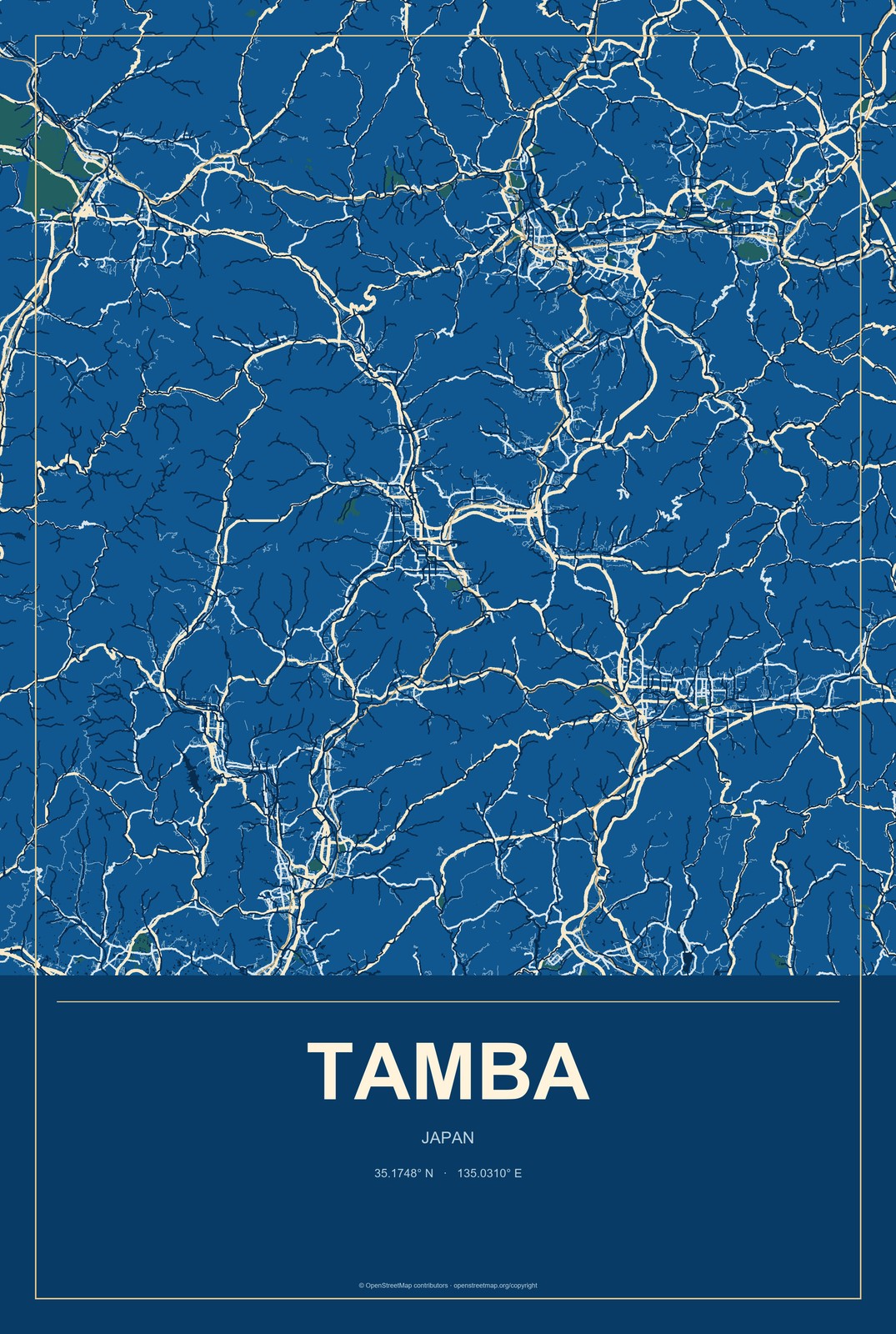 Tamba, Japan City Map Aluminum Sign in Harbor Cobalt style