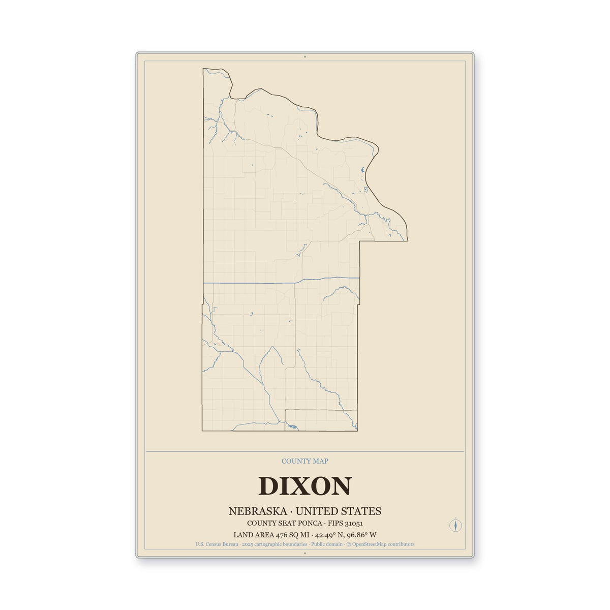 Dixon County, Nebraska Map Aluminum Sign in Heritage Nautical style