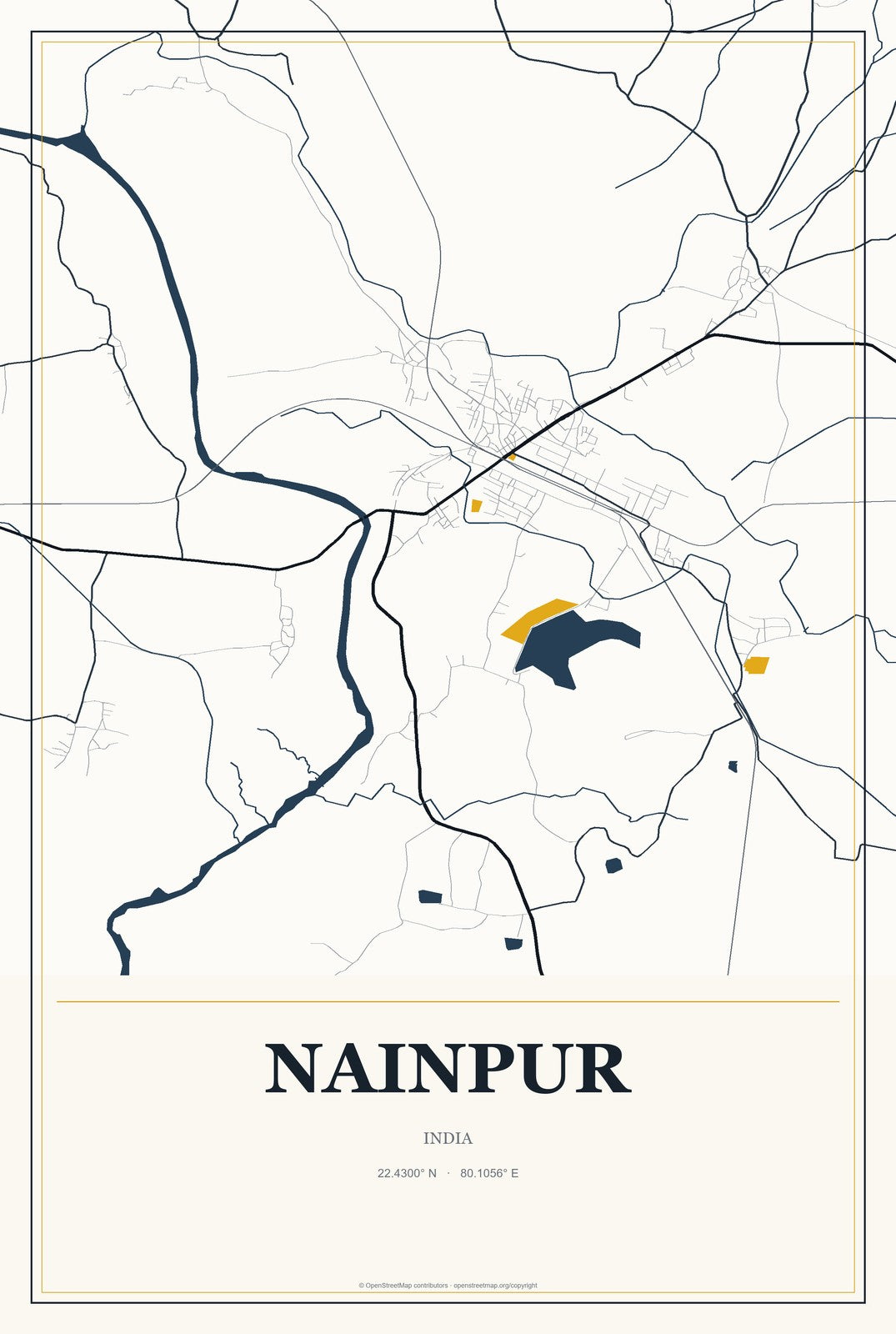 Nainpur, India City Map Aluminum Sign in Citrine Modern style