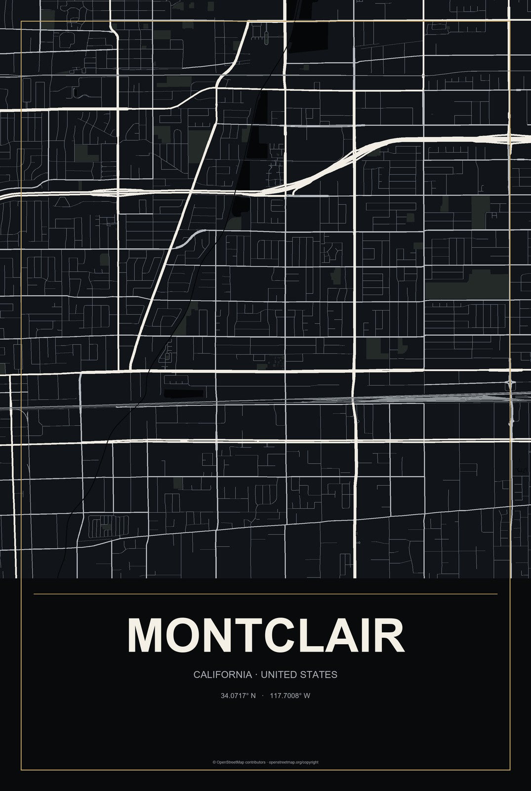 Montclair, California City Map Aluminum Sign in Metropolitan Noir style