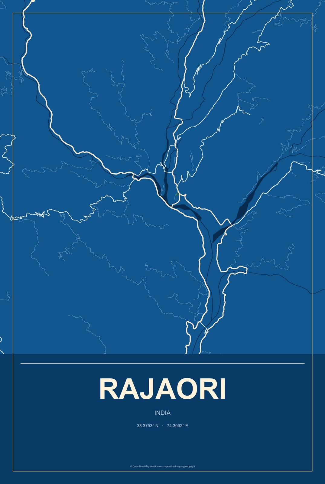 Rajaori, India City Map Aluminum Sign in Harbor Cobalt style