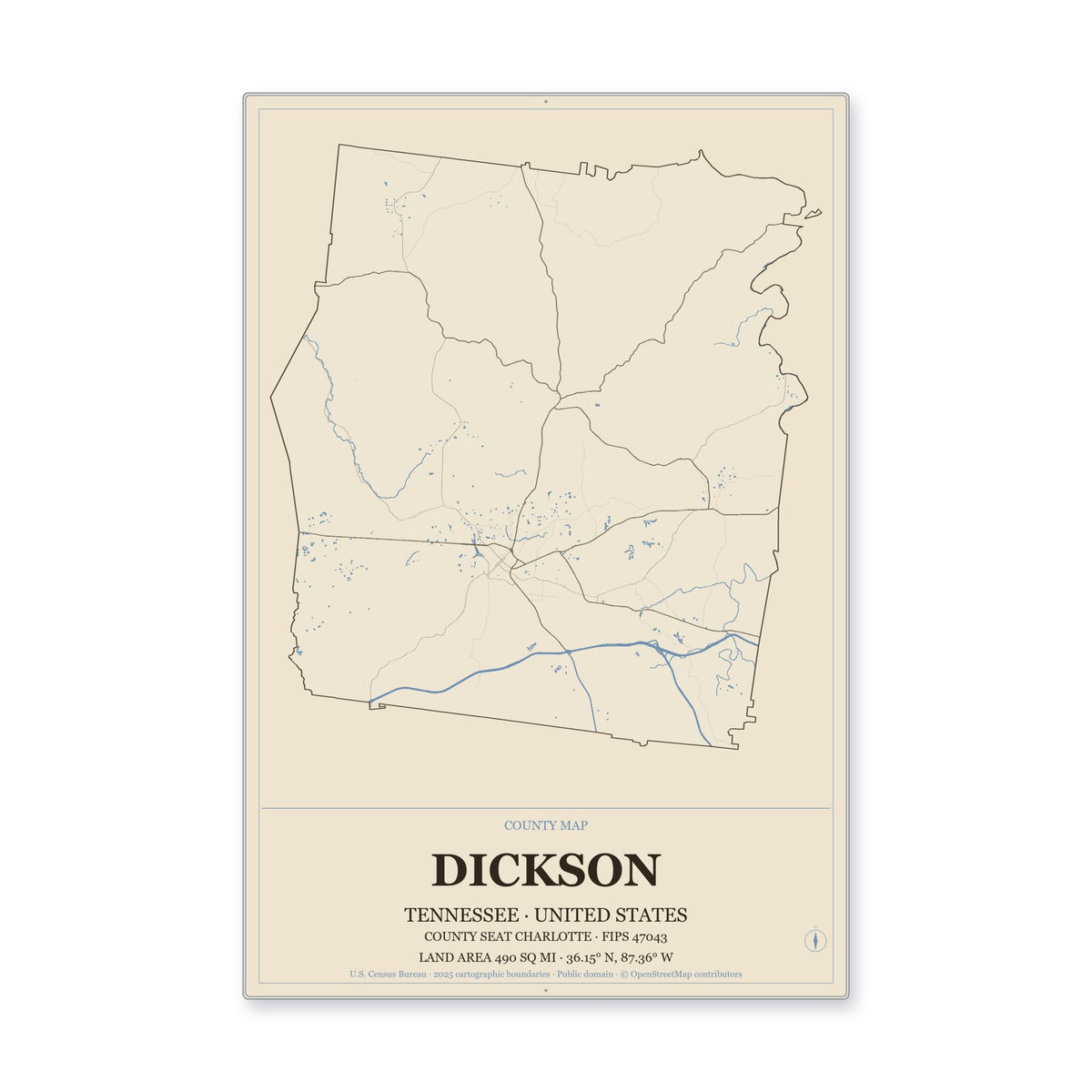 Dickson County, Tennessee Map Aluminum Sign in Heritage Nautical style