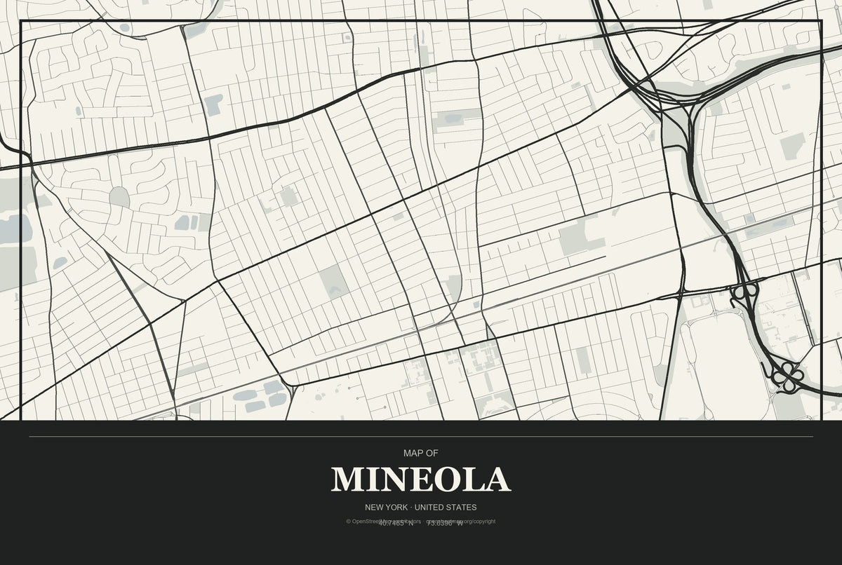 Mineola, New York City Map Aluminum Sign in Museum Plaque style