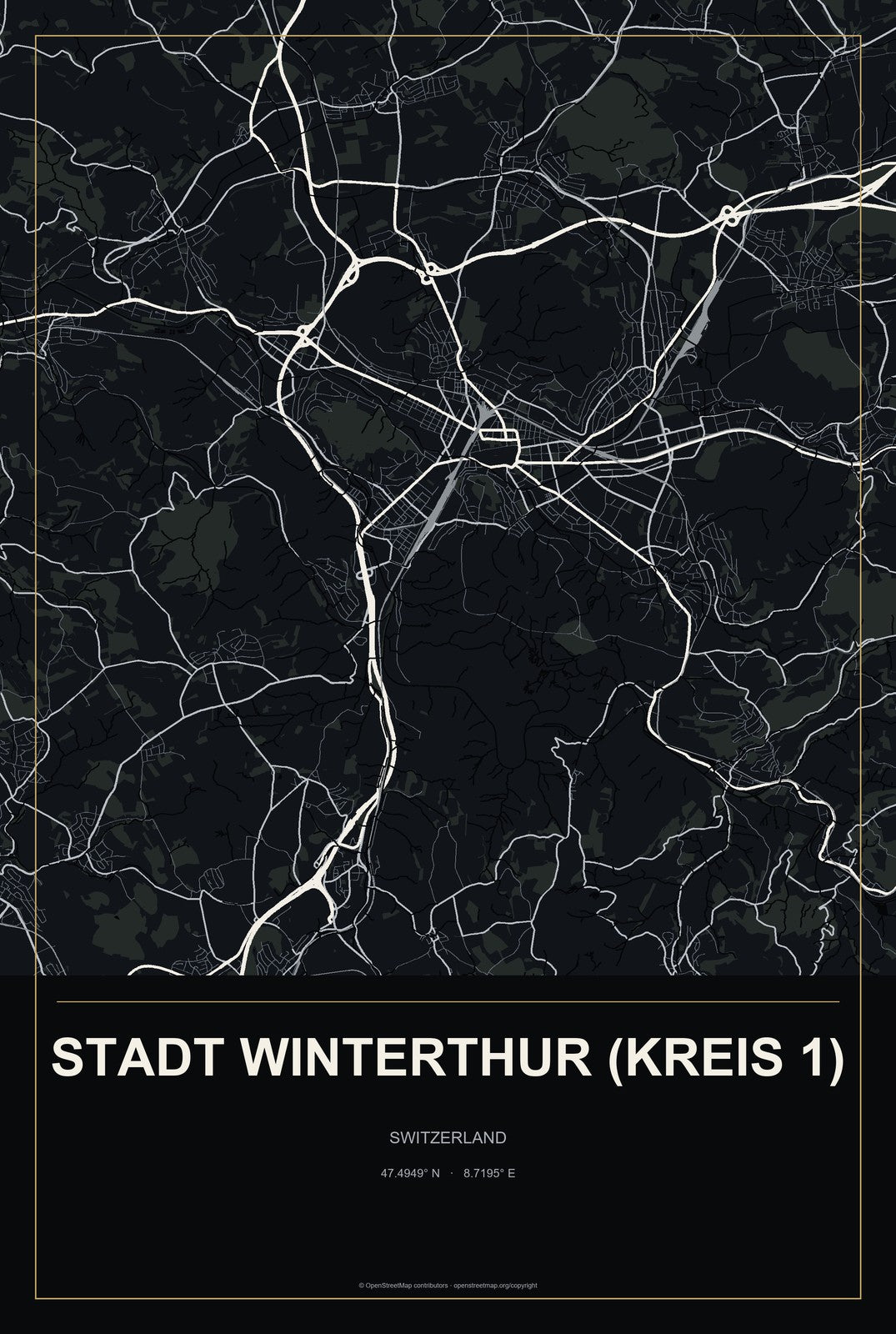 Stadt Winterthur (Kreis 1), Switzerland City Map Aluminum Sign in Metropolitan Noir style
