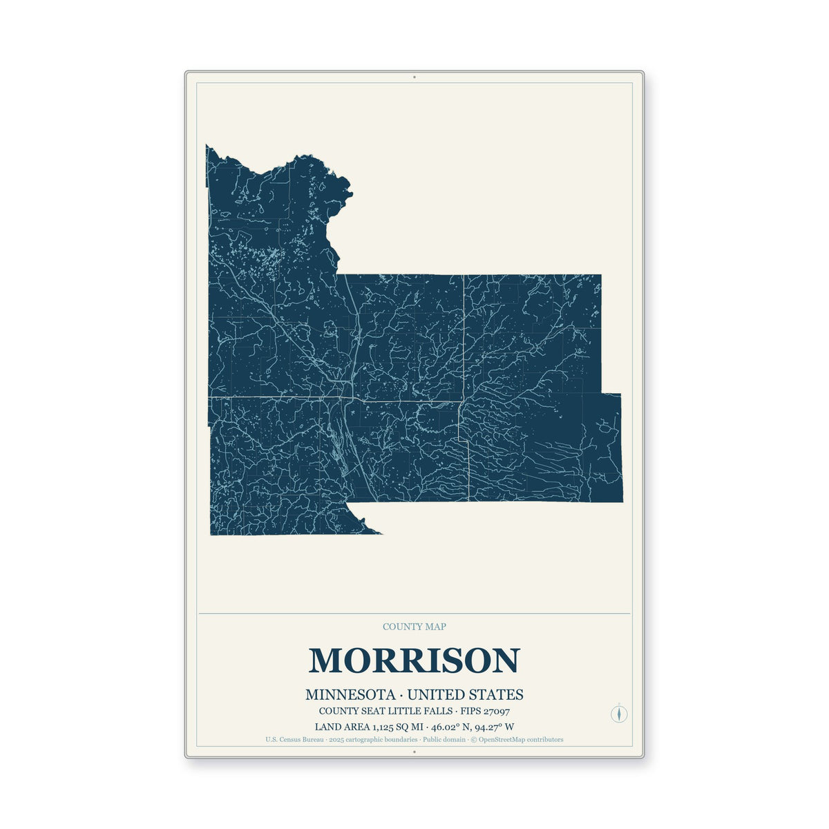 Morrison County, Minnesota Map Aluminum Sign in Coastal Cutout style