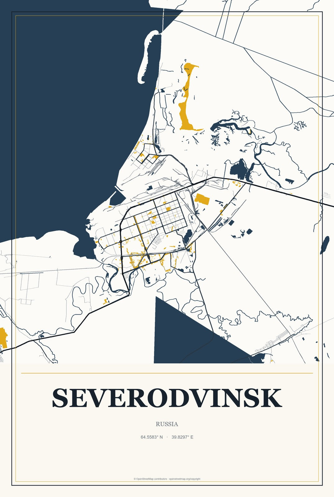 Severodvinsk, Russia City Map Aluminum Sign in Citrine Modern style