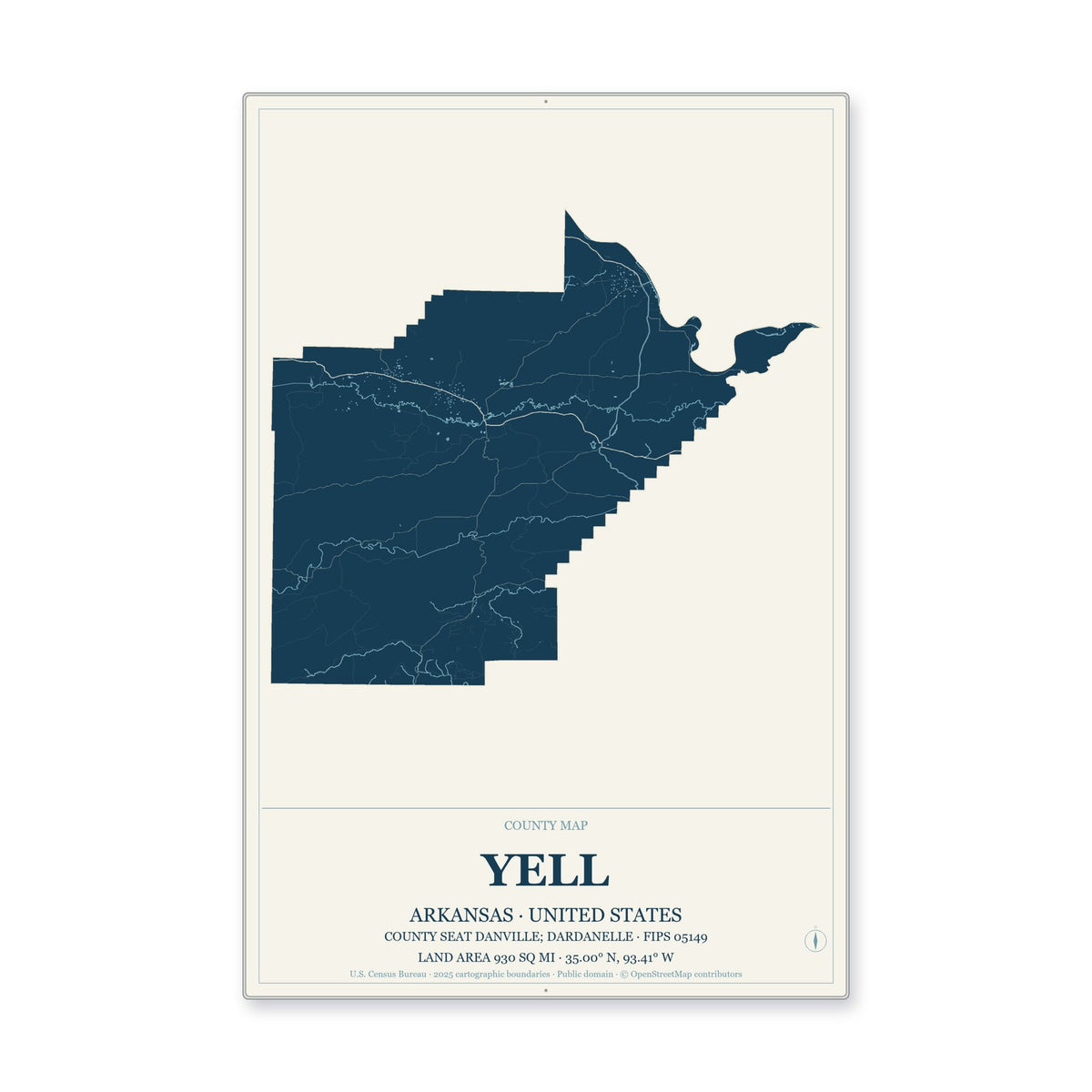 Yell County, Arkansas Map Aluminum Sign in Coastal Cutout style