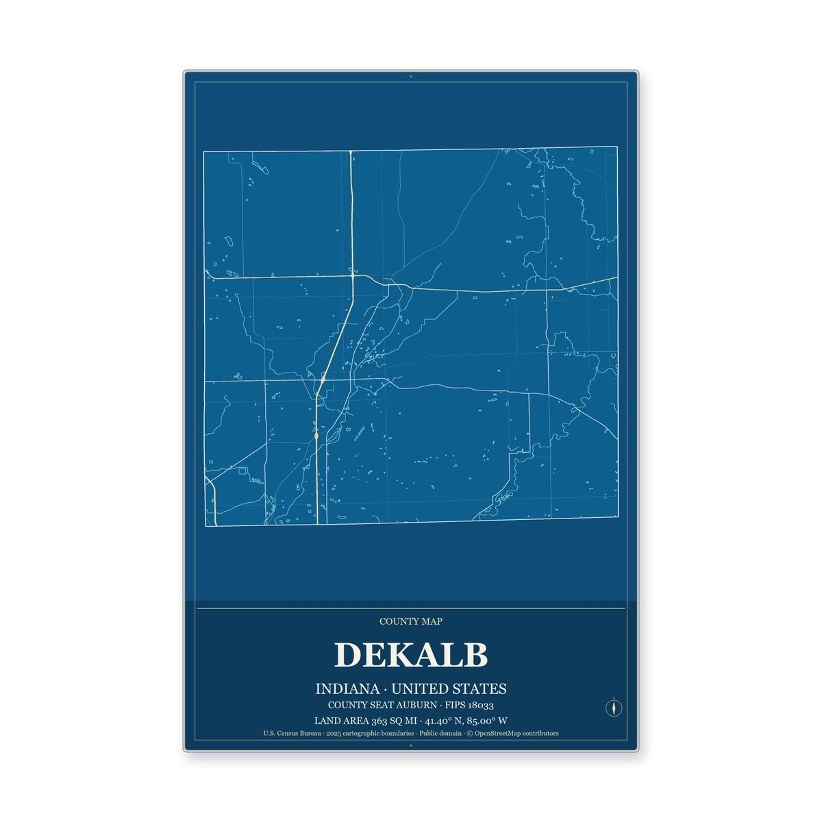DeKalb County, Indiana Map Aluminum Sign in Harbor Cobalt style