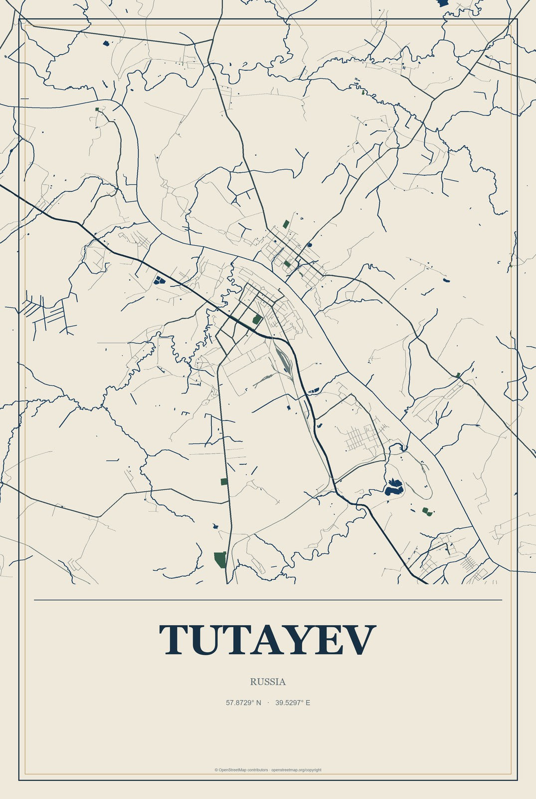 Tutayev, Russia City Map Aluminum Sign in Coastal Cutout style