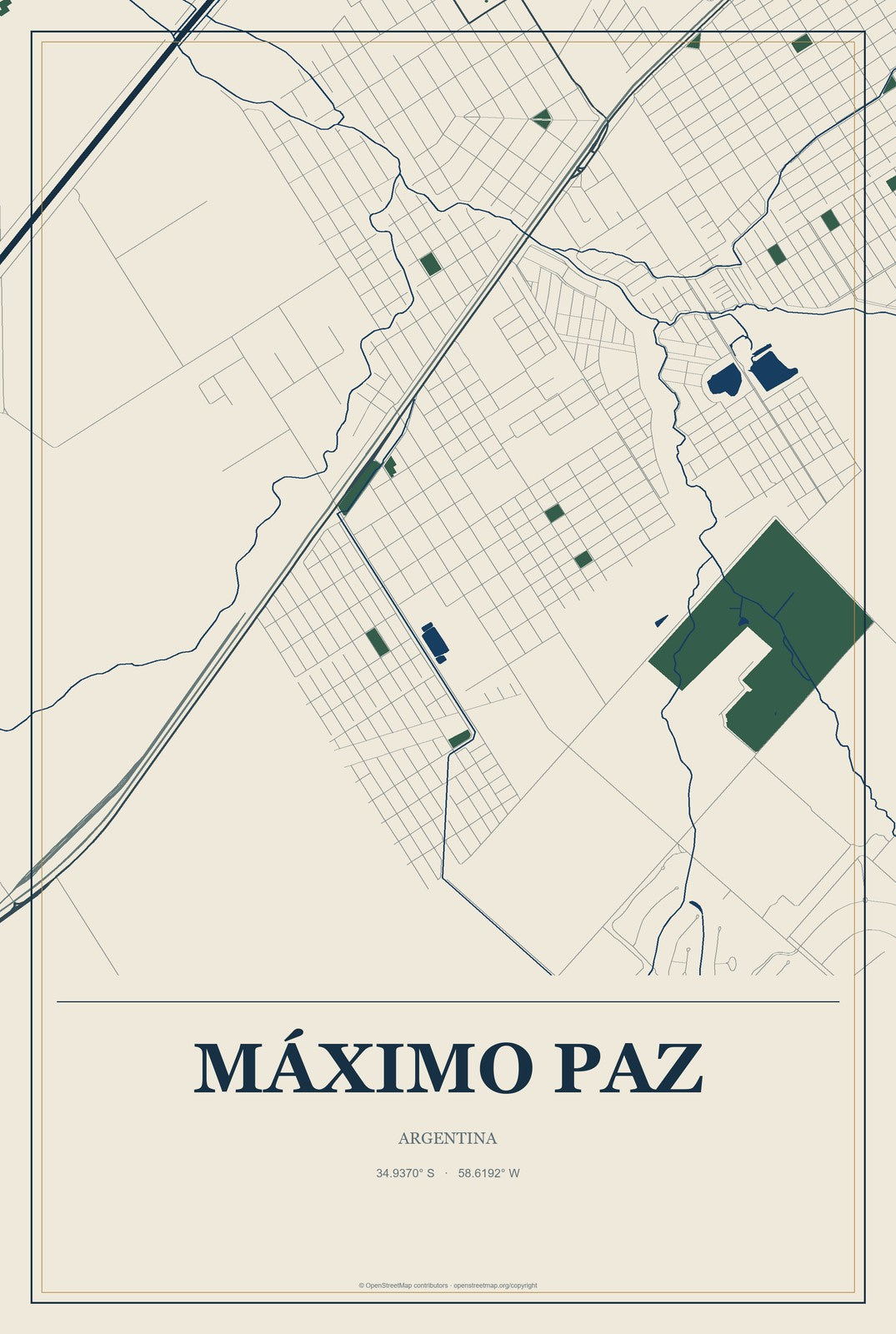 Máximo Paz, Argentina City Map Aluminum Sign in Coastal Cutout style