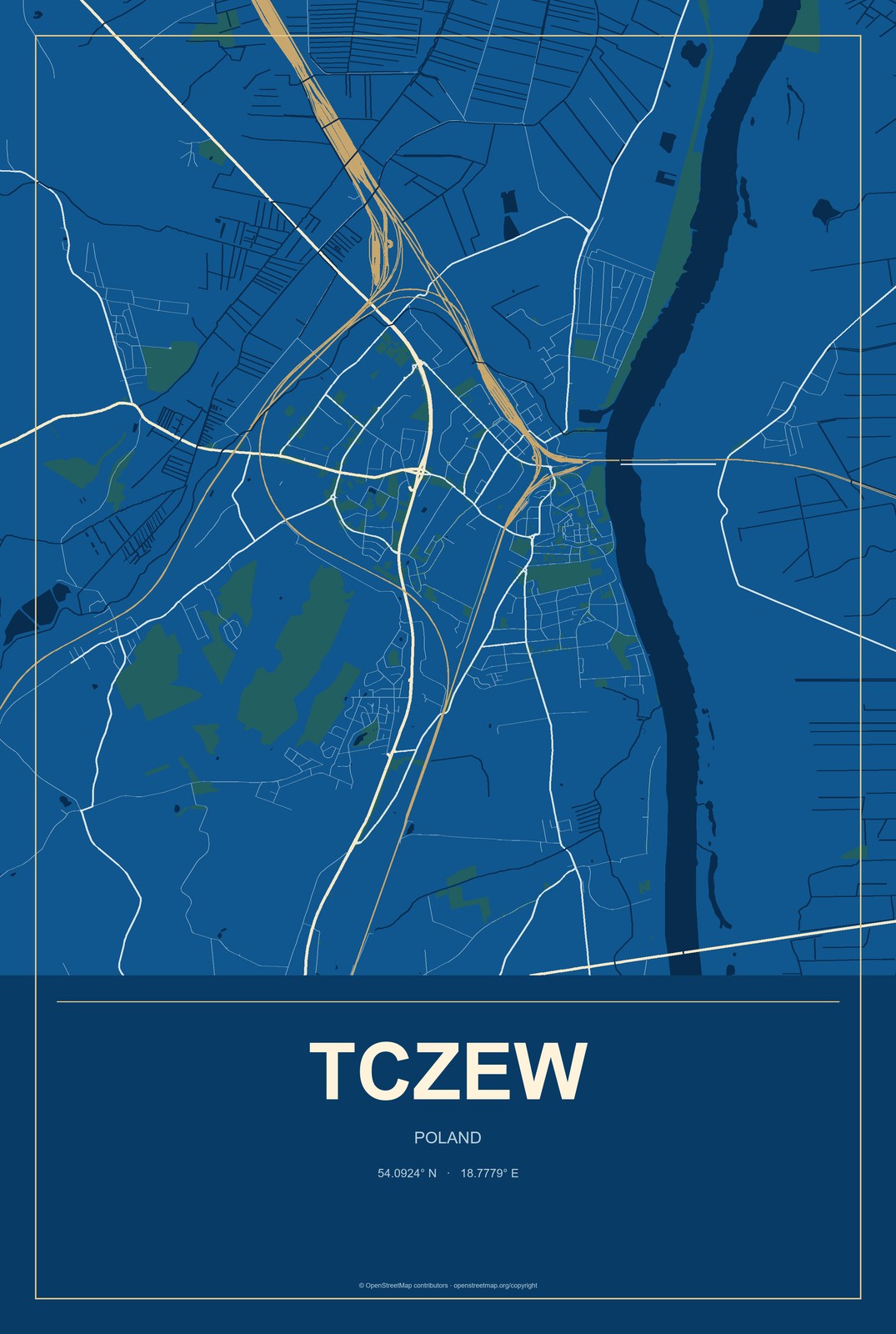 Tczew, Poland City Map Aluminum Sign in Harbor Cobalt style