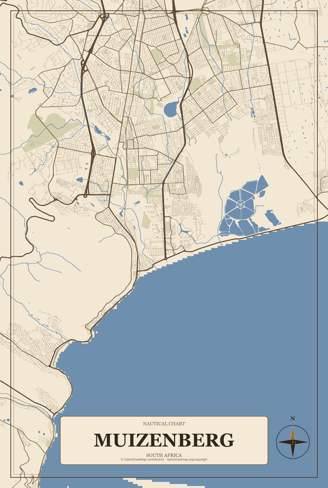 Muizenberg, South Africa City Map Aluminum Sign in Heritage Nautical style