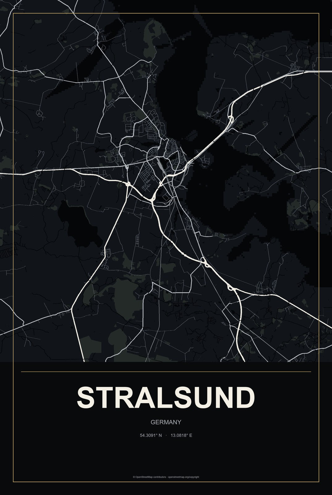 Stralsund, Germany City Map Aluminum Sign in Metropolitan Noir style