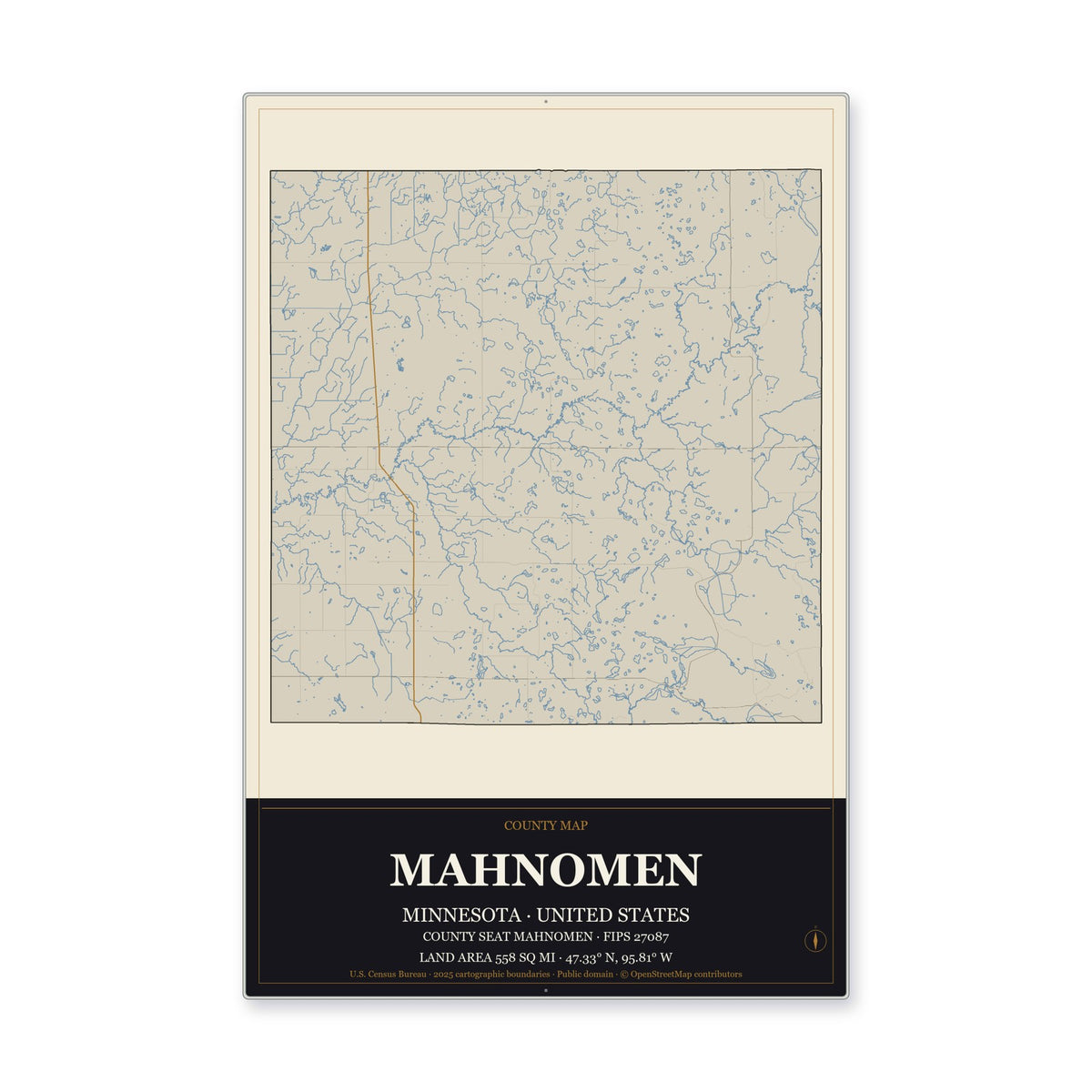 Mahnomen County, Minnesota Map Aluminum Sign in Museum Plaque style