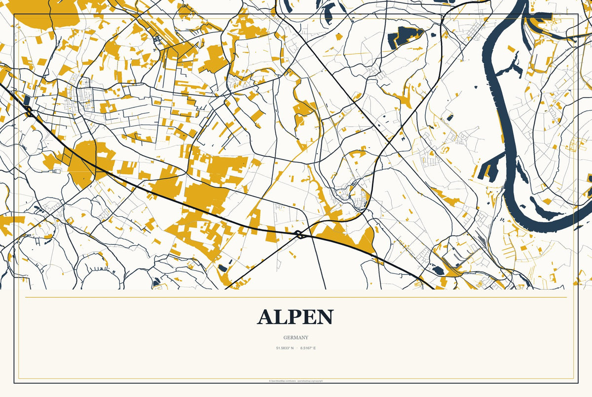 Alpen, Germany City Map Aluminum Sign in Citrine Modern style
