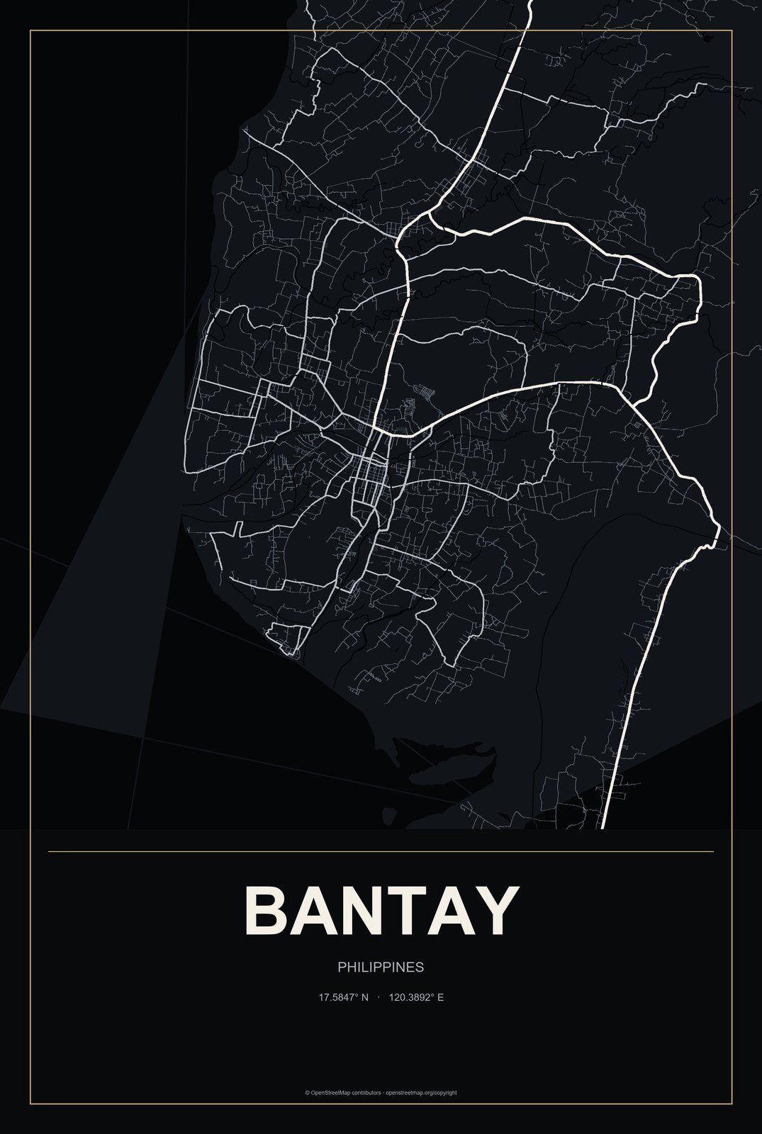 Bantay, Philippines City Map Aluminum Sign in Metropolitan Noir style