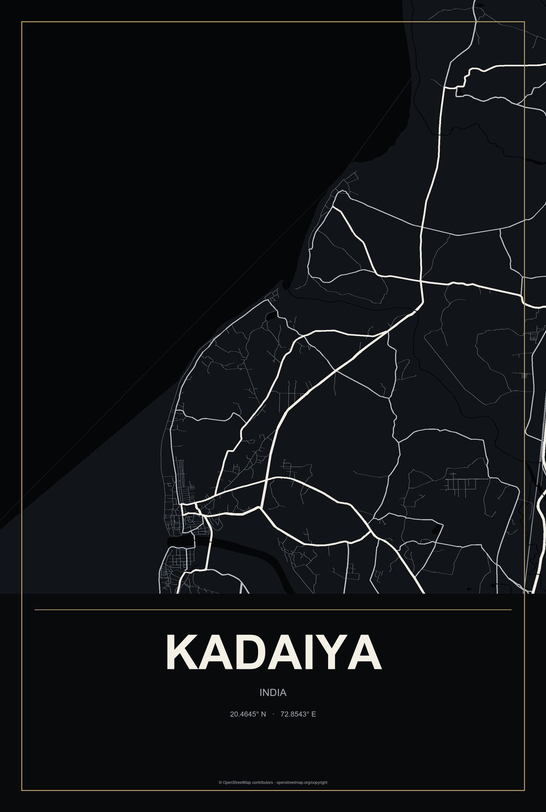Kadaiya, India City Map Aluminum Sign in Metropolitan Noir style