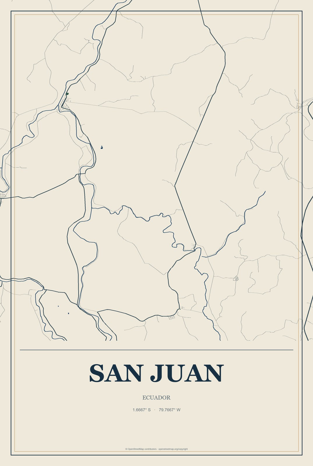 San Juan, Ecuador City Map Aluminum Sign in Coastal Cutout style