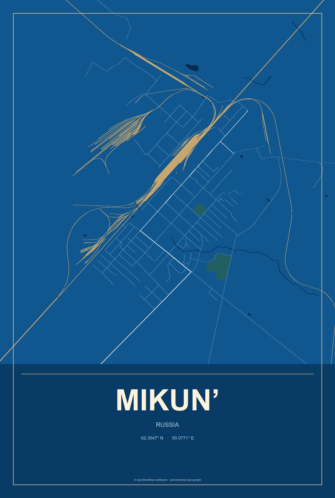Mikun’, Russia City Map Aluminum Sign in Harbor Cobalt style