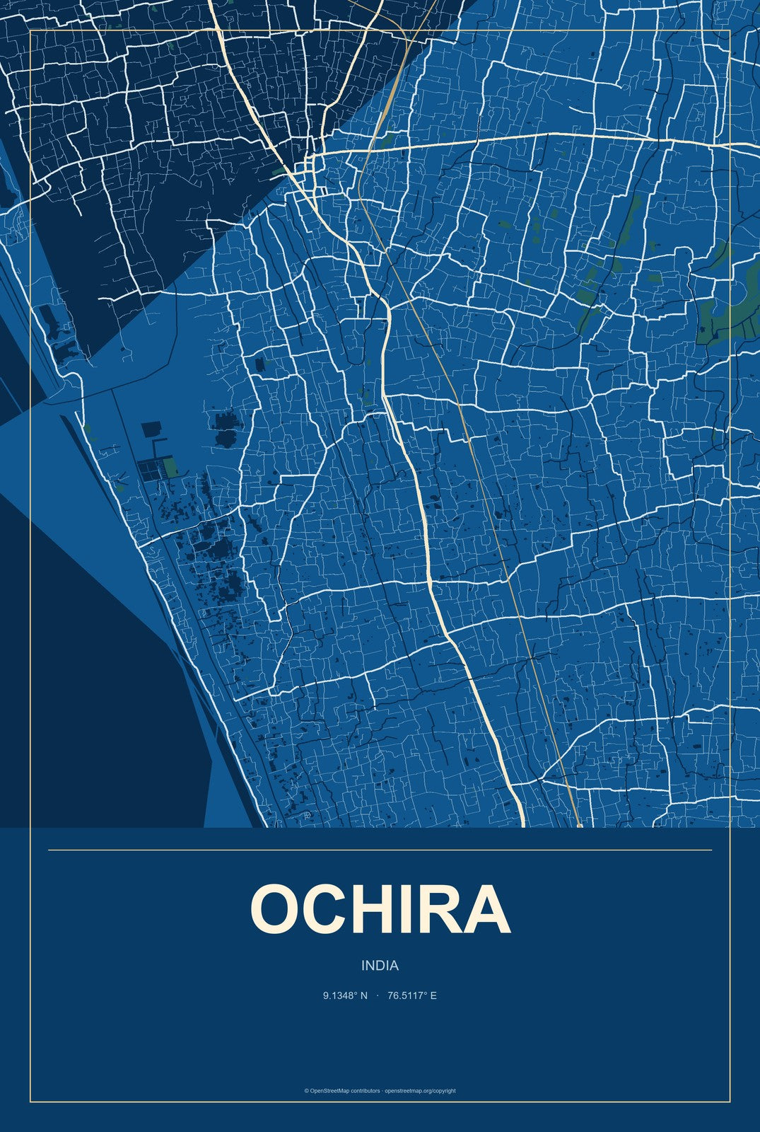 Ochira, India City Map Aluminum Sign in Harbor Cobalt style