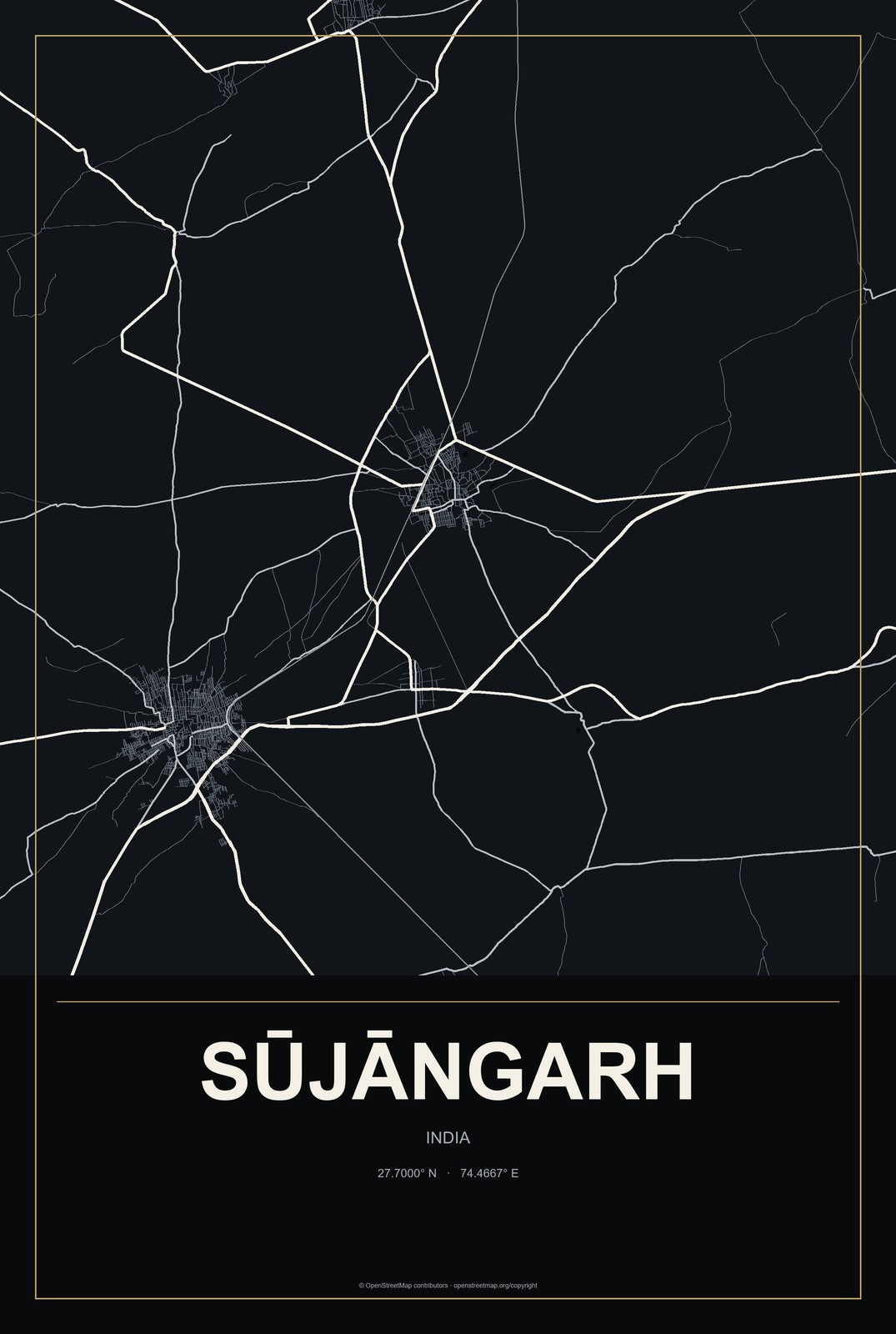 Sūjāngarh, India City Map Aluminum Sign in Metropolitan Noir style