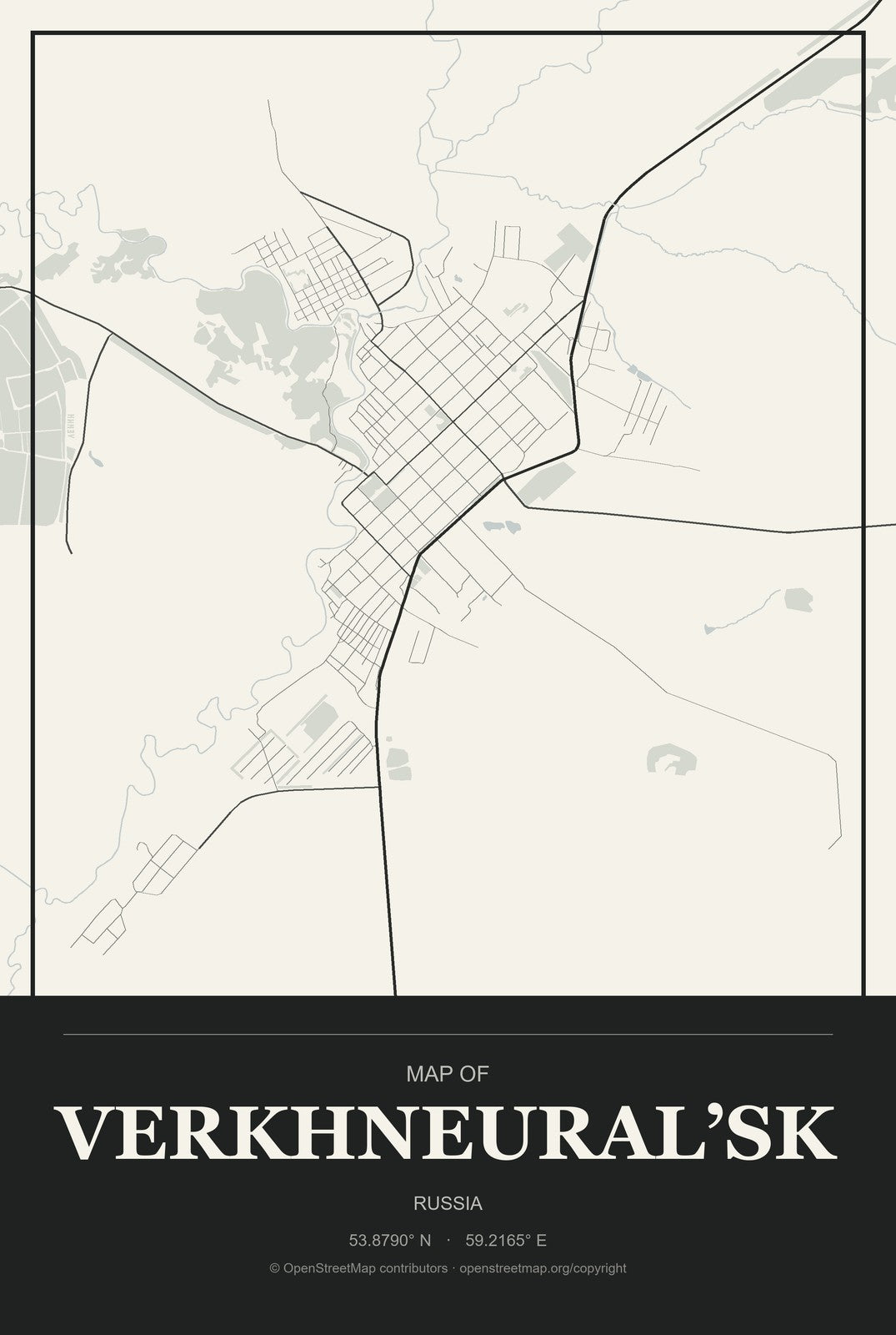 Verkhneural’sk, Russia City Map Aluminum Sign in Museum Plaque style