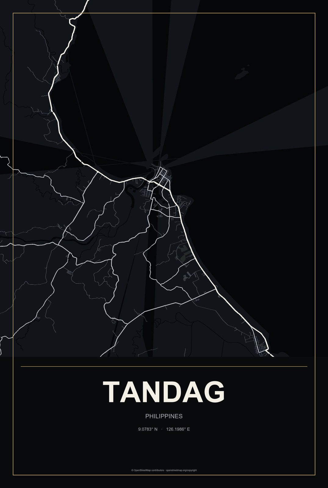 Tandag, Philippines City Map Aluminum Sign in Metropolitan Noir style